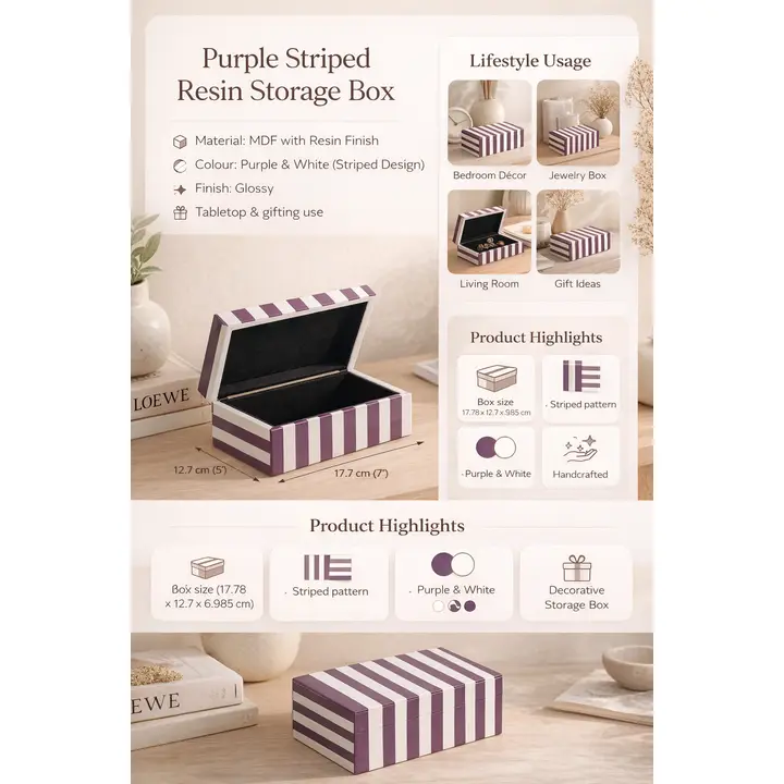 Purple Striped Resin Storage Box Glossy MDF Decorative Case