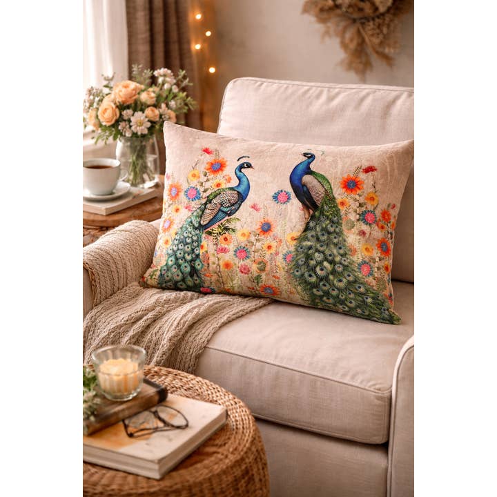 Floral Lumbar Cushion – Peacock Design– 40x60 cm