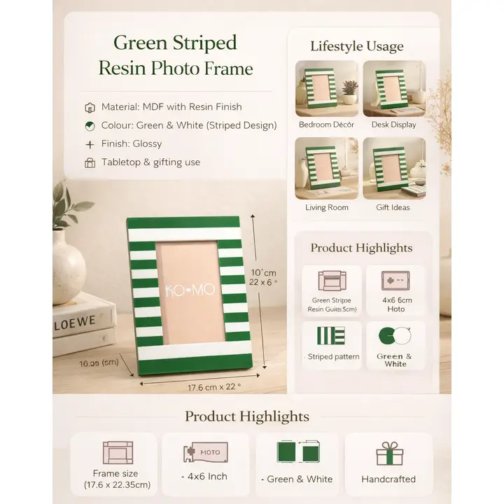 Green Striped Resin Photo Frame 4x6 Inch Modern Tabletop