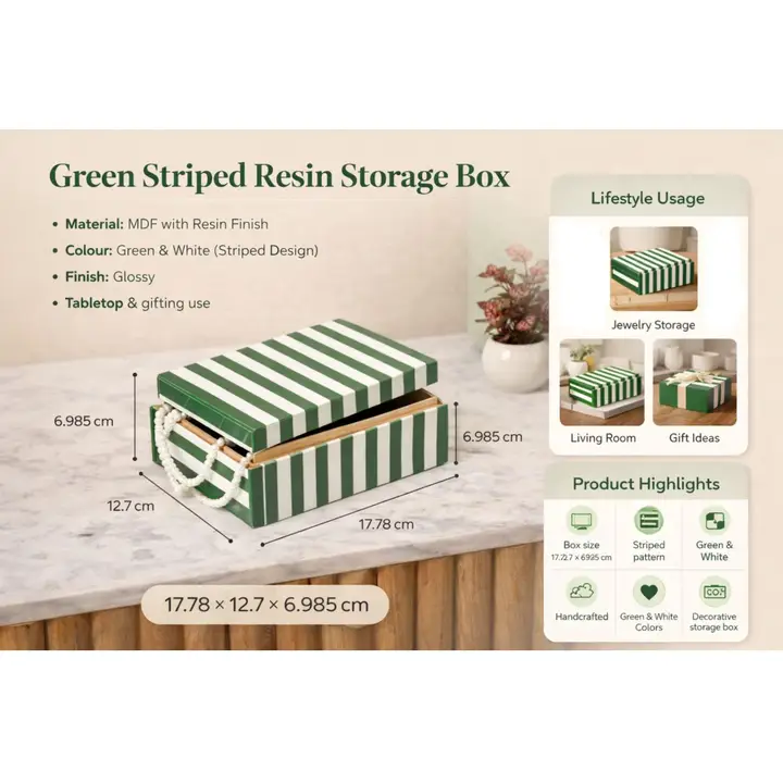 Green Striped Resin Storage Box Modern MDF Decor Organizer