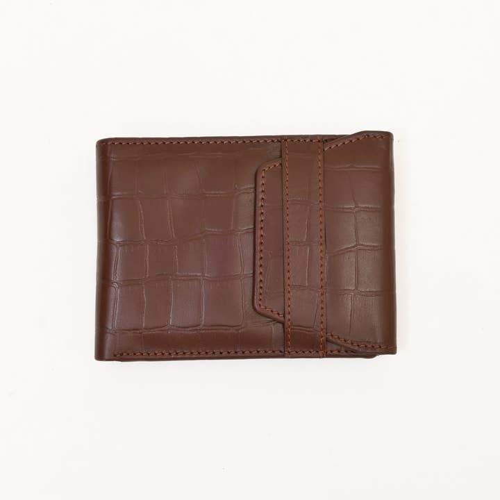 Men’s Leather Wallet 3B Scrbrn – Premium Brown Croc Look Napa Leather Wallet with Coin Pocket & 6 Card Slots | Luxury Slim Bifold Design