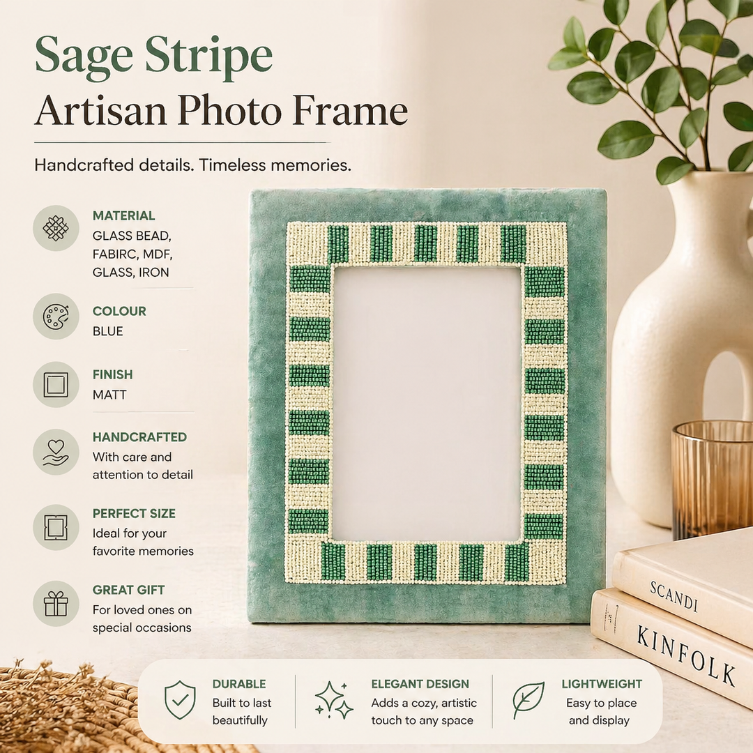 Sage Stripe Artisan Blue & Beige Beaded Embroidered 5x7 Photo Frame