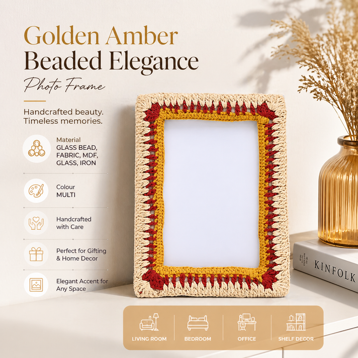 Golden Amber Beaded Elegance Photo Frame 4×6 Inch – Artisan Décor