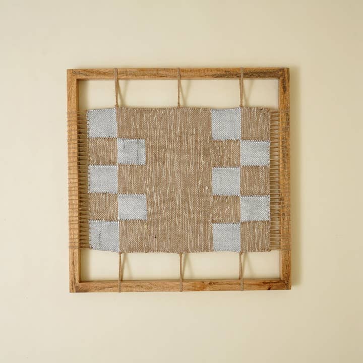 Checked Hemp & Acacia Wood Wall Art – Natural Textured Decorative Accent