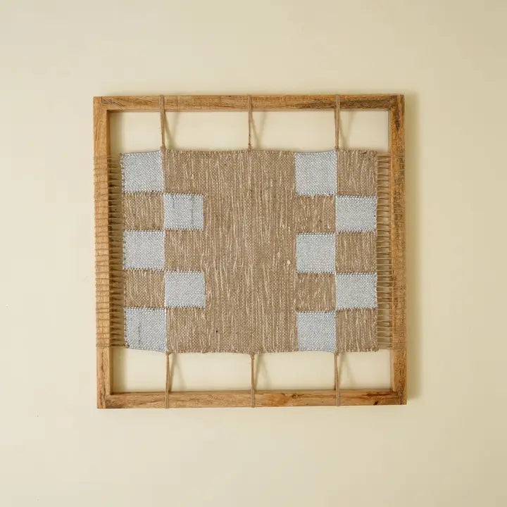 Checked Hemp & Acacia Wood Wall Art – Natural Textured Decorative Accent