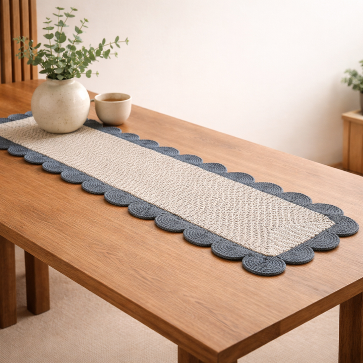 Blue Cotton Braided Table Runner 14x72 in – Handcrafted Natural Dining and Console Table Decor