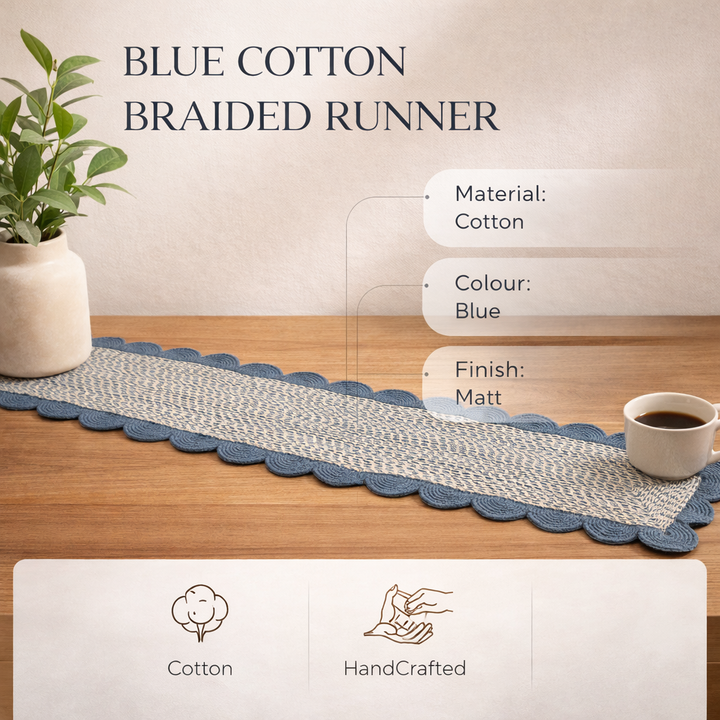 Blue Cotton Braided Table Runner 14x72 in – Handcrafted Natural Dining and Console Table Decor