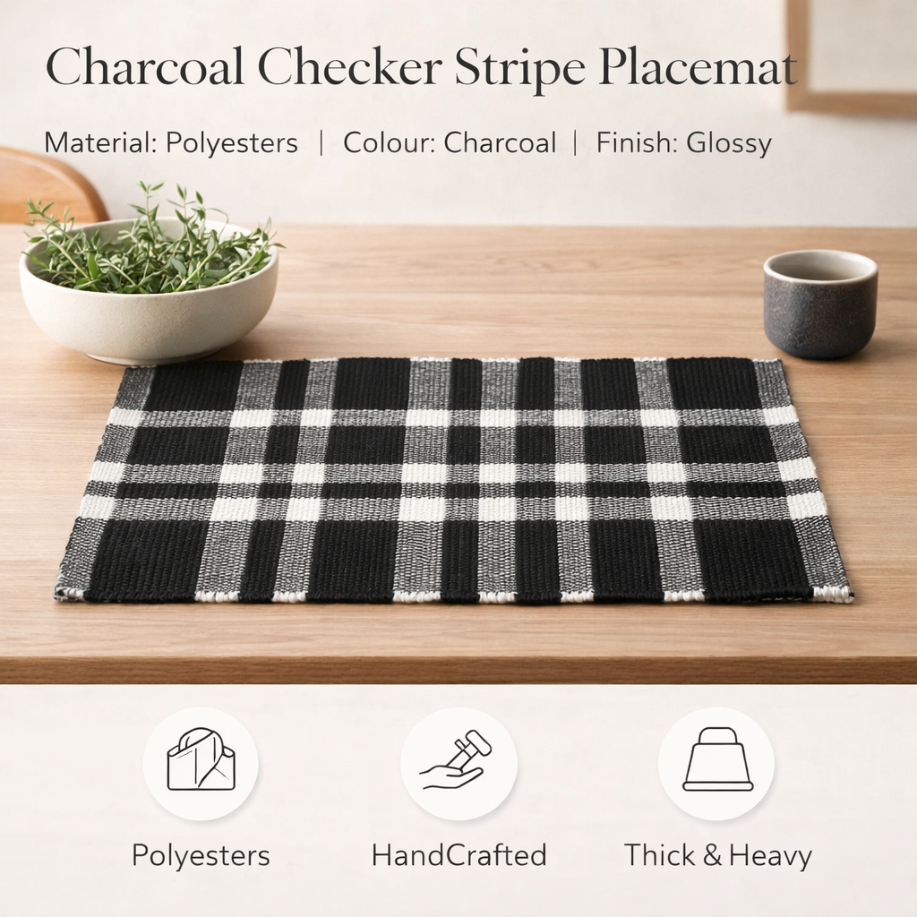 Charcoal Checker Stripe Placemat – Durable Polyester Table Mat for Dining and Kitchen