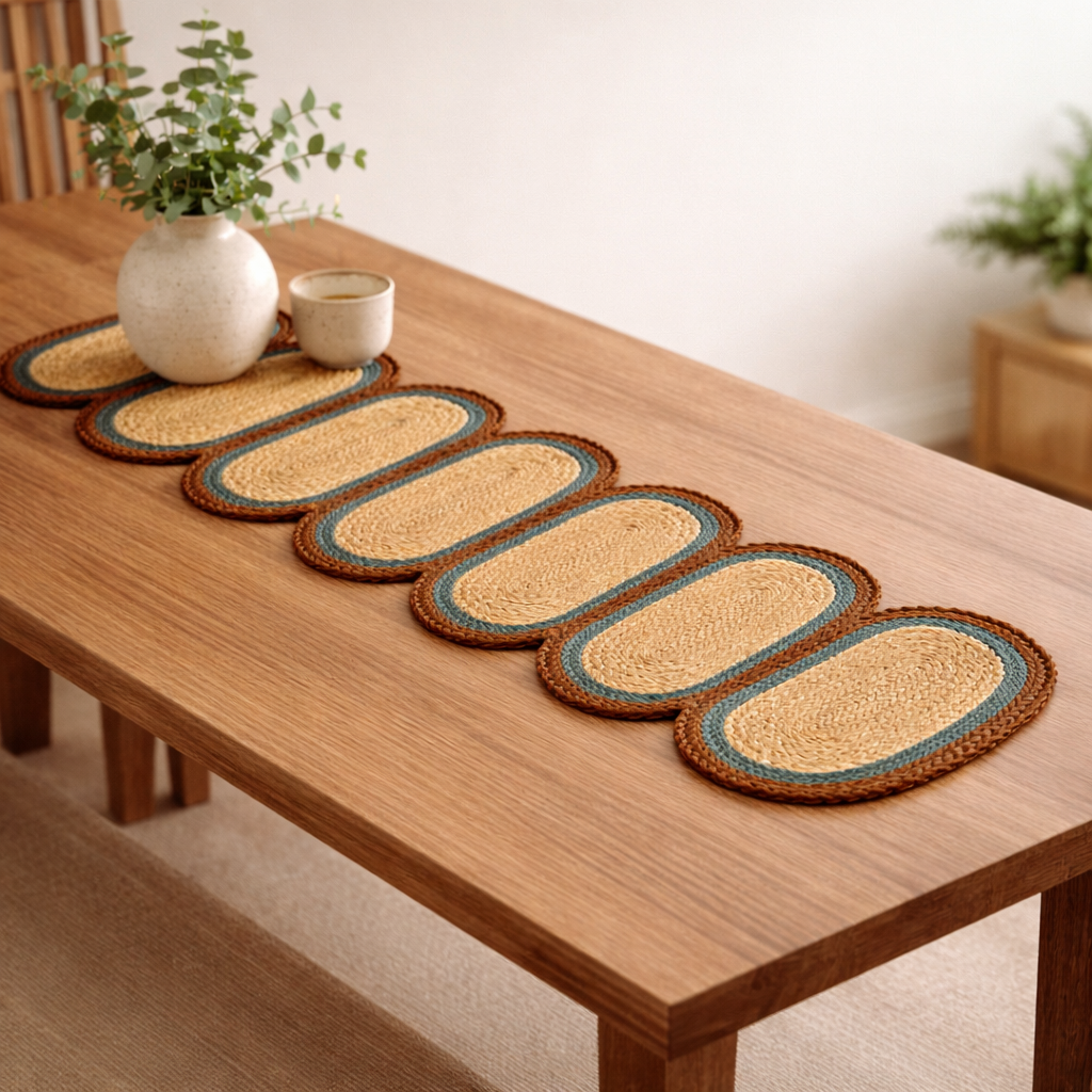 Rust/Blue Jute Braided Table Runner 14x72 in – Handcrafted Eco-Friendly Dining and Console Decor