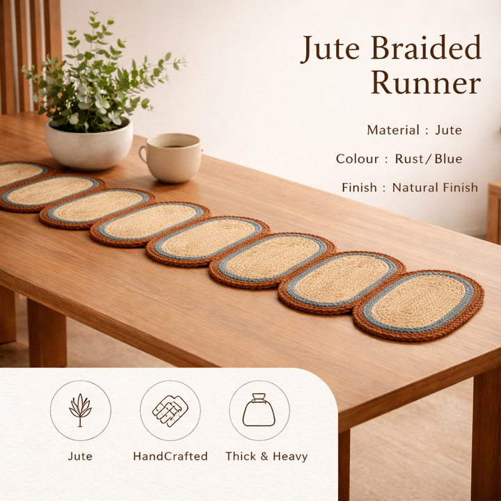 Rust/Blue Jute Braided Table Runner 14x72 in – Handcrafted Eco-Friendly Dining and Console Decor
