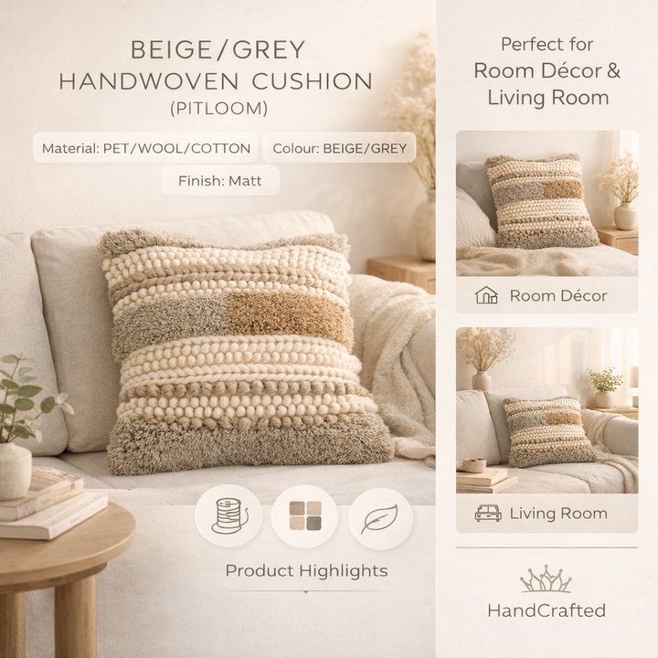 Beige/Grey Handwoven Cushion – Decorative Throw Pillow for Sofa, Armchair, and Bed