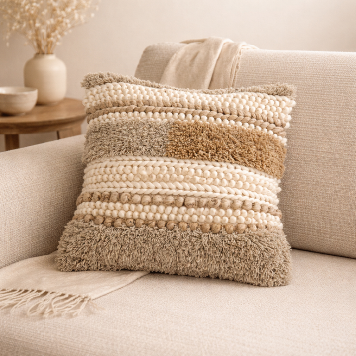 Beige/Grey Handwoven Cushion – Decorative Throw Pillow for Sofa, Armchair, and Bed