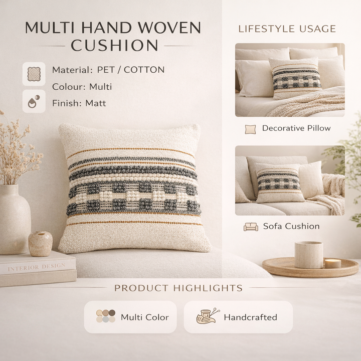Colorful Multi Handwoven Cushion Cover – Handmade Textured Home Accent