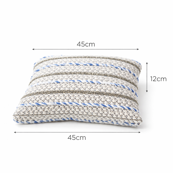 Ivory/Blue/Charcoal Handwoven Cushion – Decorative Throw Pillow for Sofa, Armchair, and Bed