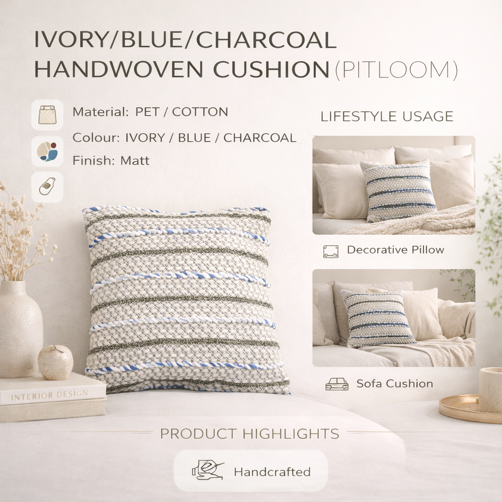 Ivory/Blue/Charcoal Handwoven Cushion – Decorative Throw Pillow for Sofa, Armchair, and Bed