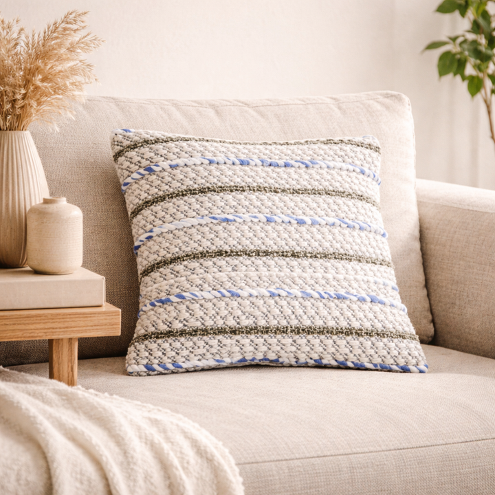 Ivory/Blue/Charcoal Handwoven Cushion – Decorative Throw Pillow for Sofa, Armchair, and Bed