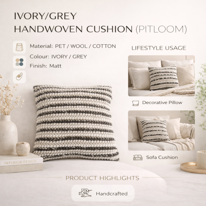 Ivory/Grey Handwoven Cushion – Decorative Throw Pillow for Sofa, Chair, and Bed