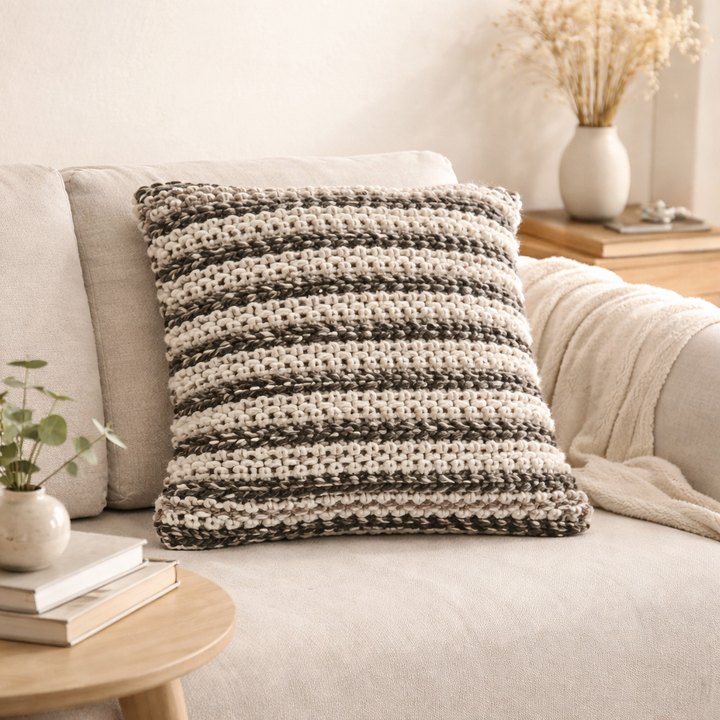 Ivory/Grey Handwoven Cushion – Decorative Throw Pillow for Sofa, Chair, and Bed