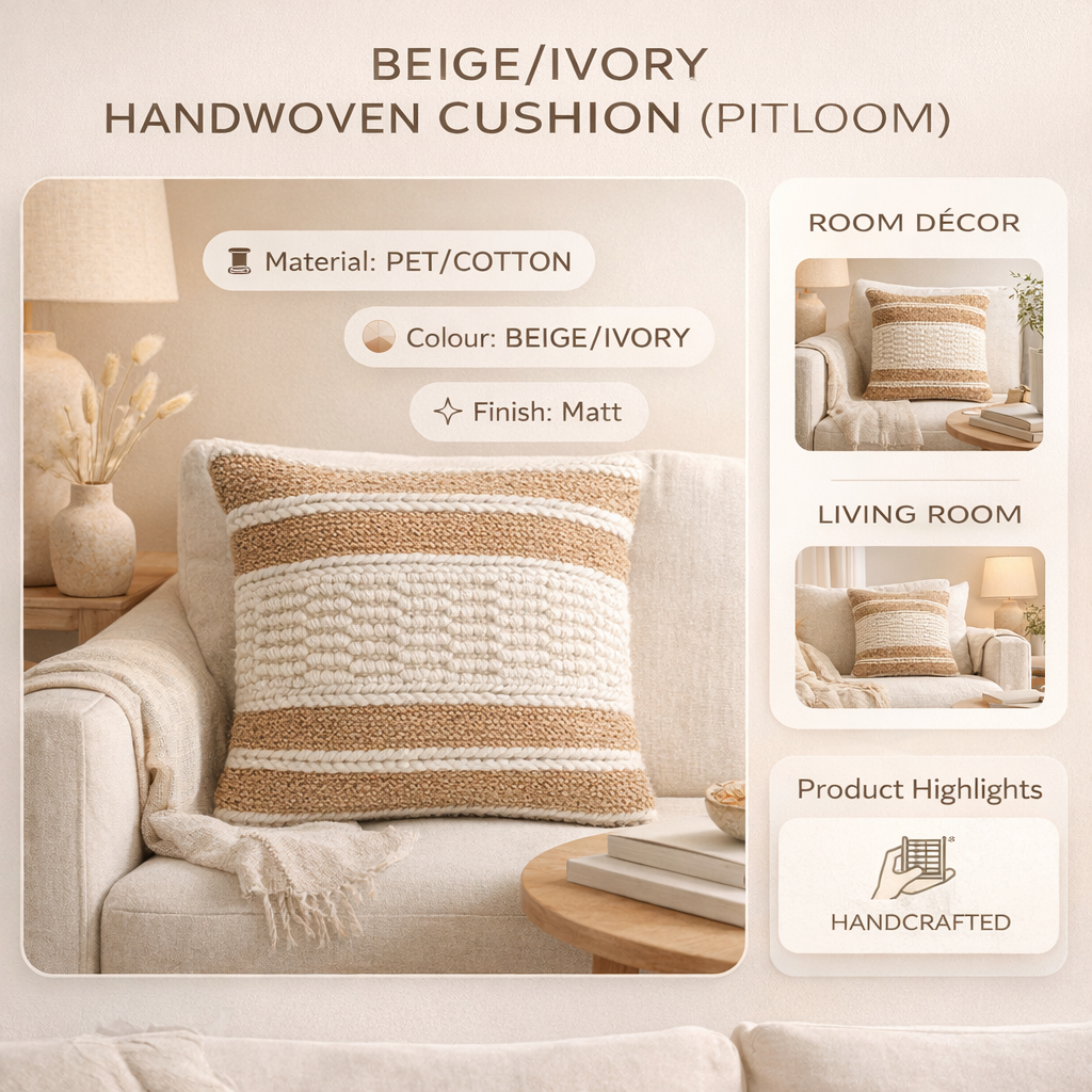 Beige/Ivory Handwoven Cushion – Soft Decorative Throw Pillow for Sofa, Bed, and Accent Chair
