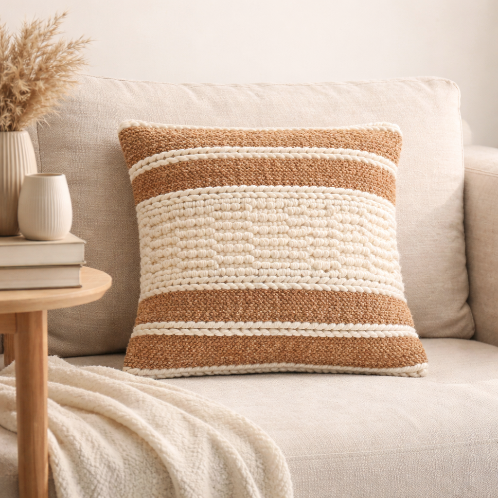 Beige/Ivory Handwoven Cushion – Soft Decorative Throw Pillow for Sofa, Bed, and Accent Chair