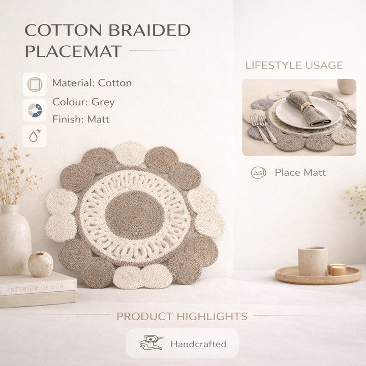 Grey Cotton Braided Placemat – Handcrafted Durable Table Mat for Dining