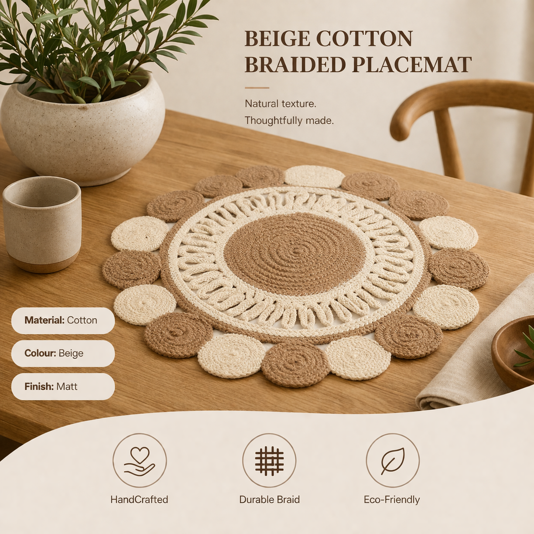 Beige Cotton Braided Placemat – Handcrafted Durable Table Mat for Dining