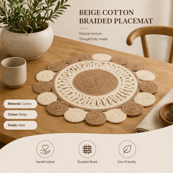 Beige Cotton Braided Placemat – Handcrafted Durable Table Mat for Dining
