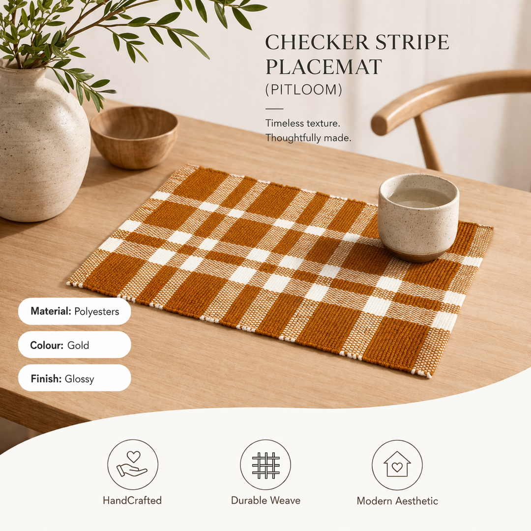 Gold Checker Stripe Placemat – Durable Polyester Table Mat for Elegant Dining