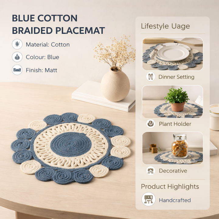 Blue Cotton Braided Placemat – Handcrafted Durable Table Mat for Dining