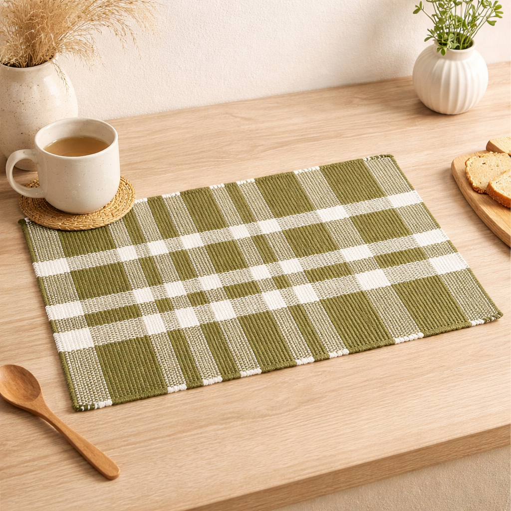 Green Checker Stripe Placemat – Durable Polyester Table Mat for Dining and Kitchen