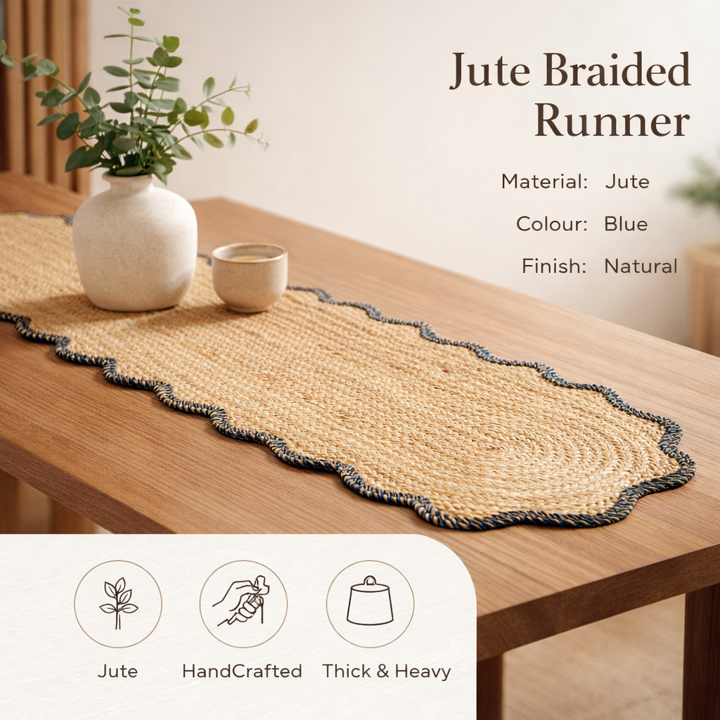 Blue Jute Braided Table Runner 14x72 in – Handcrafted Sustainable Dining and Console Decor