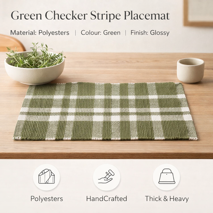 Green Checker Stripe Placemat – Durable Polyester Table Mat for Dining and Kitchen