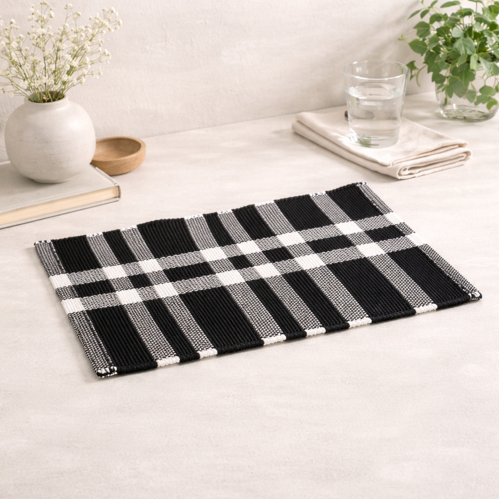 Charcoal Checker Stripe Placemat – Durable Polyester Table Mat for Dining and Kitchen