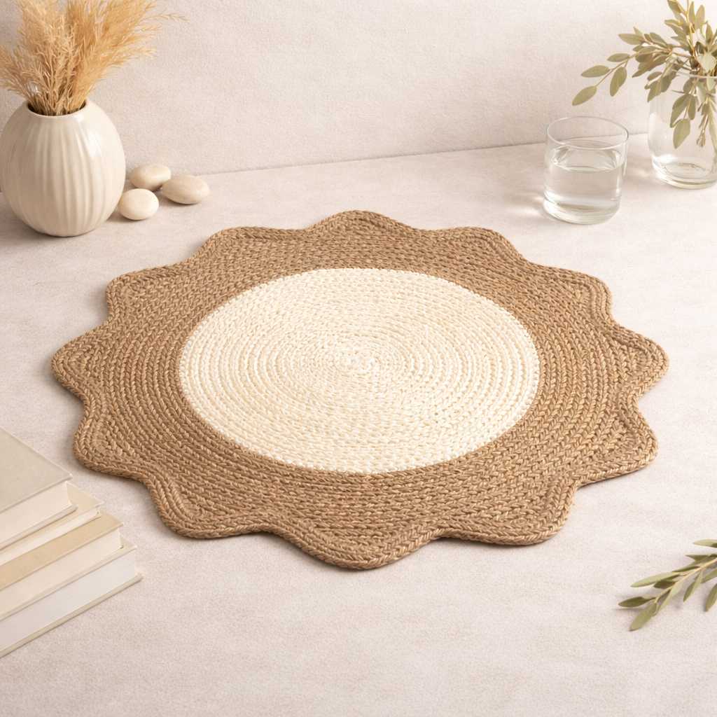 Beige Polyester Braided Placemat – Durable Round Table Mat for Dining