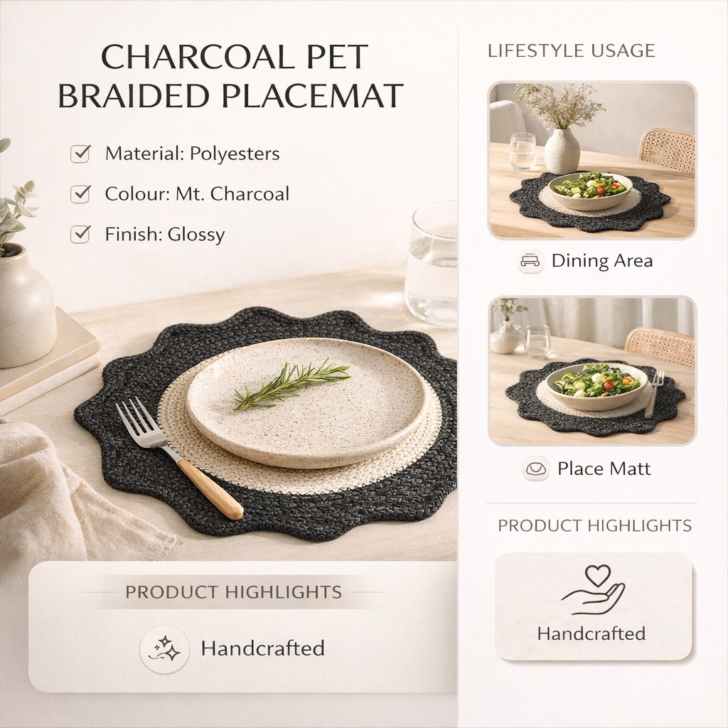 Charcoal Polyester Braided Placemat – Durable Round Table Mat for Dining