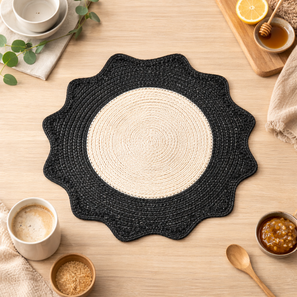 Charcoal Polyester Braided Placemat – Durable Round Table Mat for Dining