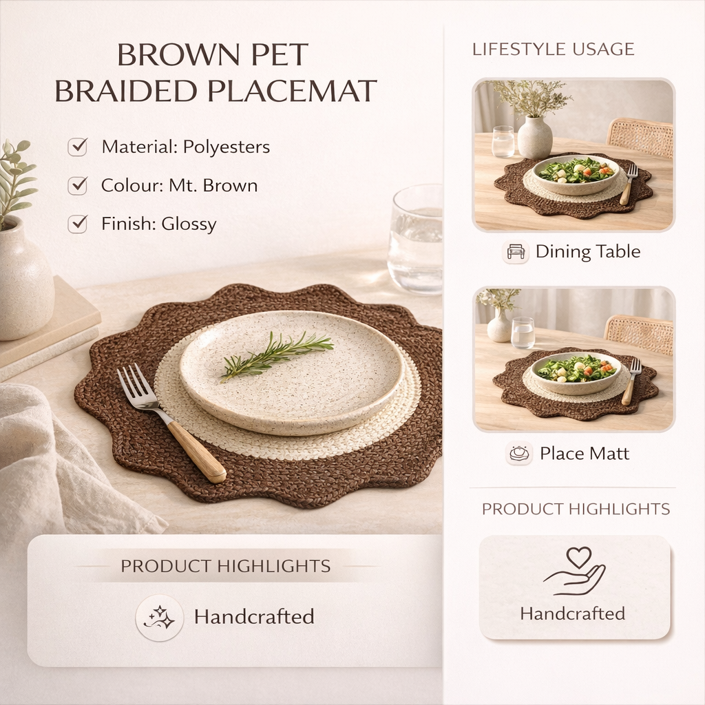 Brown Polyester Braided Placemat – Durable Round Table Mat for Dining