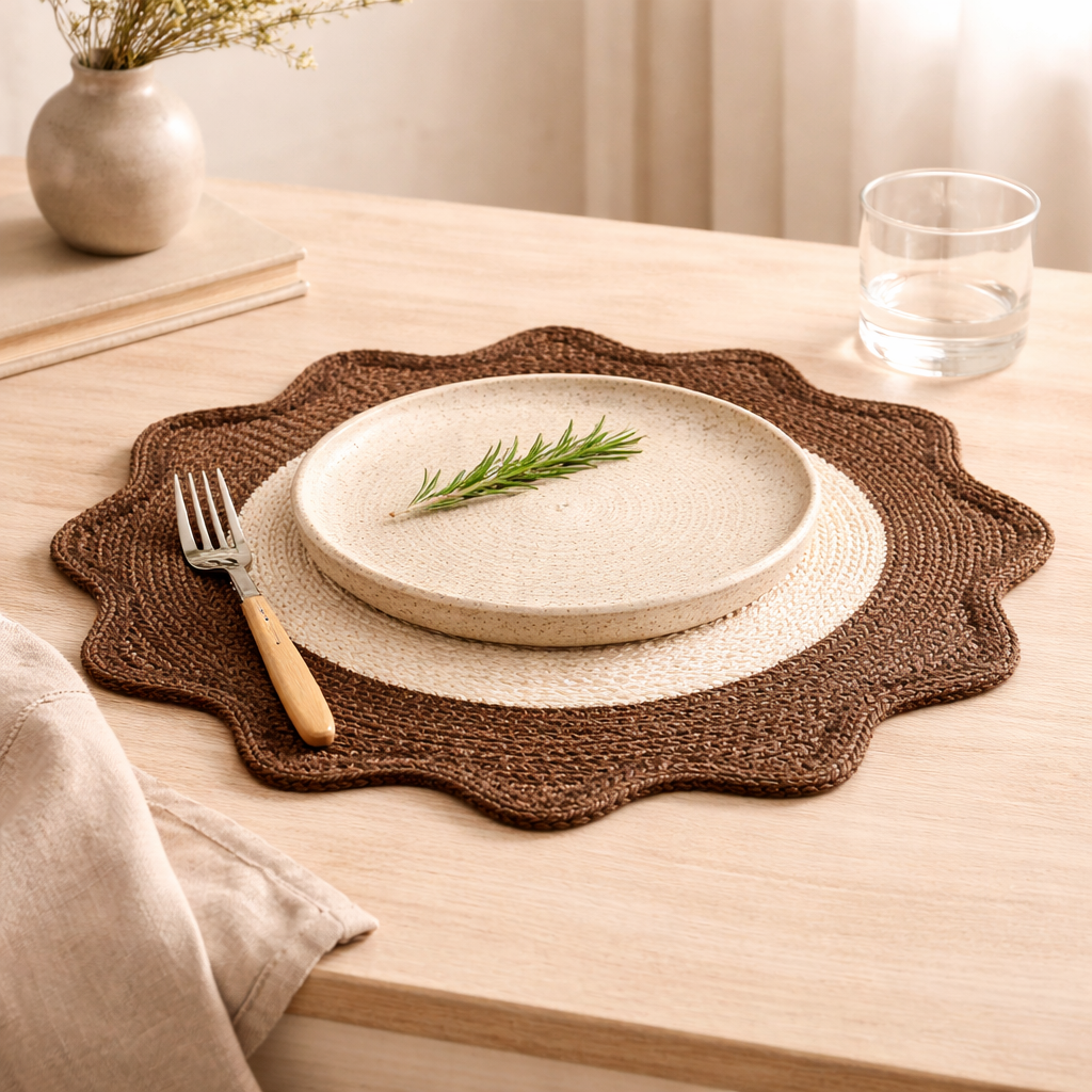 Brown Polyester Braided Placemat – Durable Round Table Mat for Dining