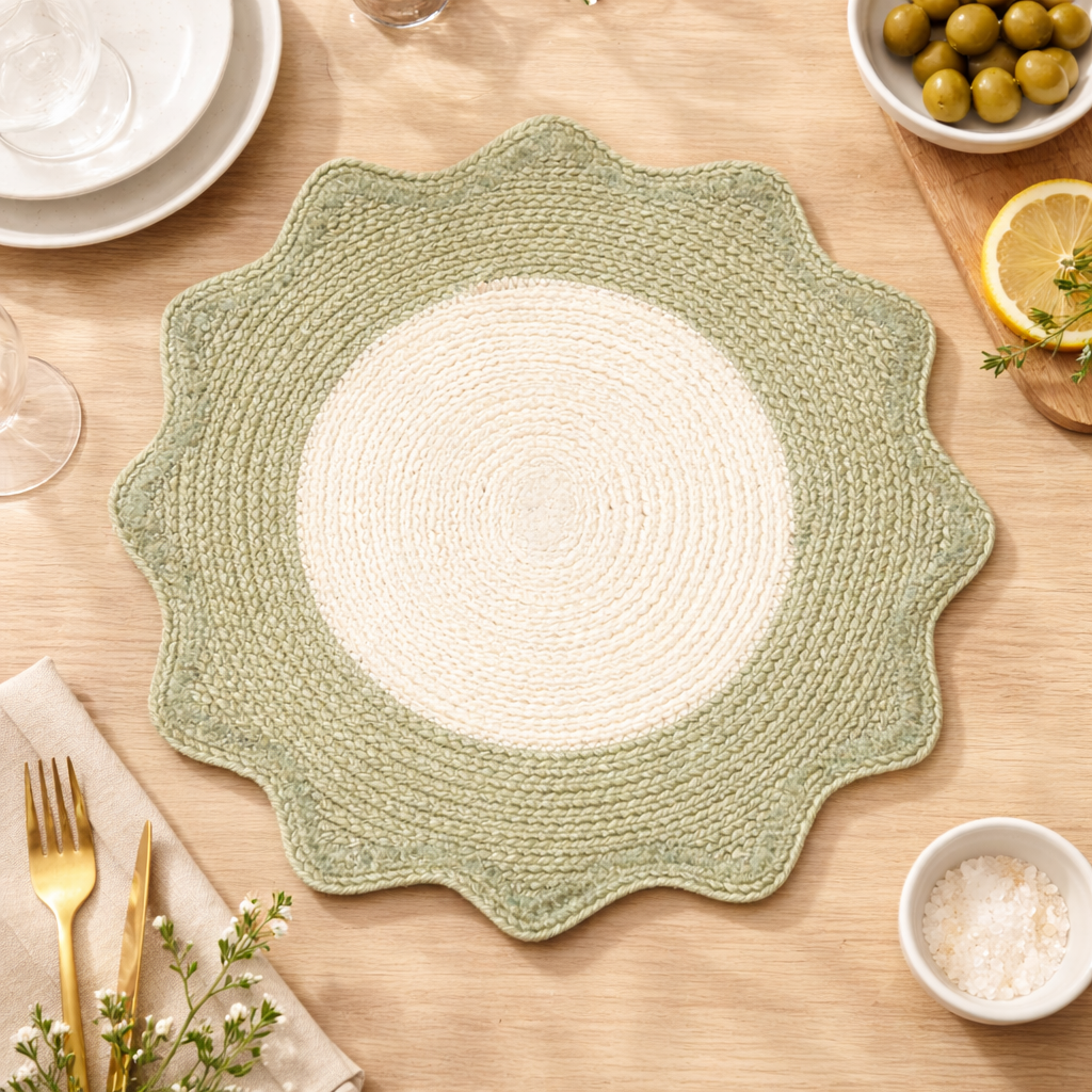 Green Polyester Braided Placemat – Durable Round Table Mat for Dining