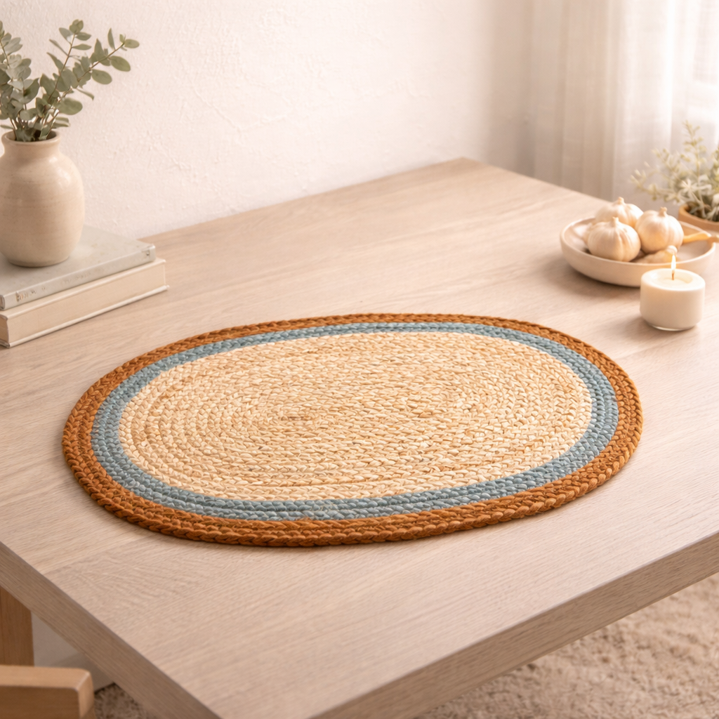 Rust/Blue Jute Braided Placemat – Handcrafted Eco-Friendly Table Mat
