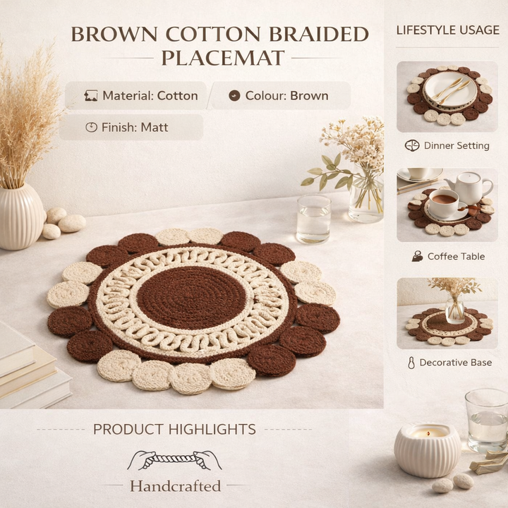 Brown Cotton Braided Placemat – Handcrafted Durable Table Mat for Dining