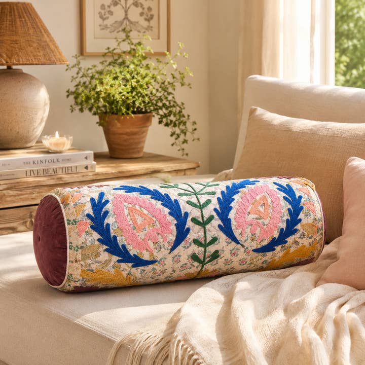 Floral Embroidered Cotton Bolster Cushion Multicolor 53 x 20 cm