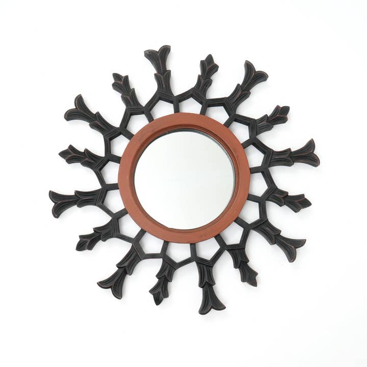 Hand-Carved Metallic Wooden Sunburst Wall Mirror - Decorative Statement Mirror for Living Room, Entryway & Bedroom Decor