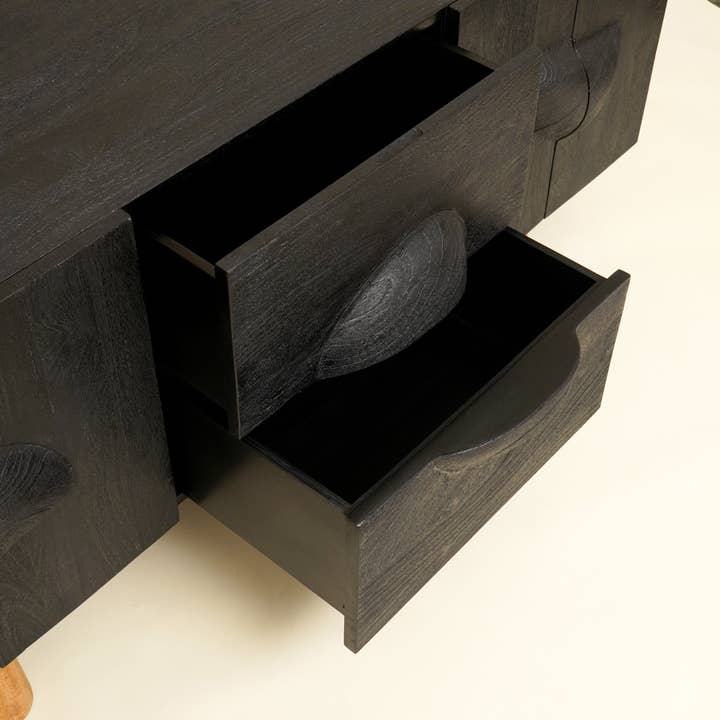 Modern Solid Mango Wood Sideboard Cabinet – Black Storage Cabinet with 2 Doors & 2 Drawers