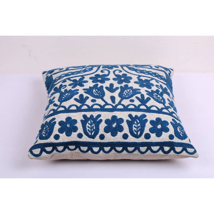 Blue Embroidered Cotton Cushion with Filler 45x45 cm
