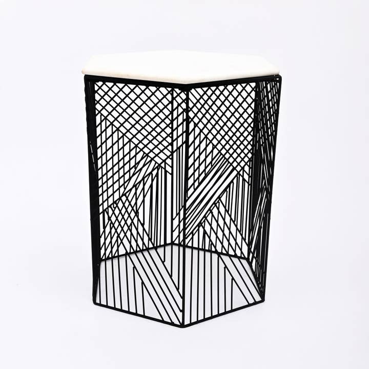Hexagonal Wire Marble Table  Set of 2