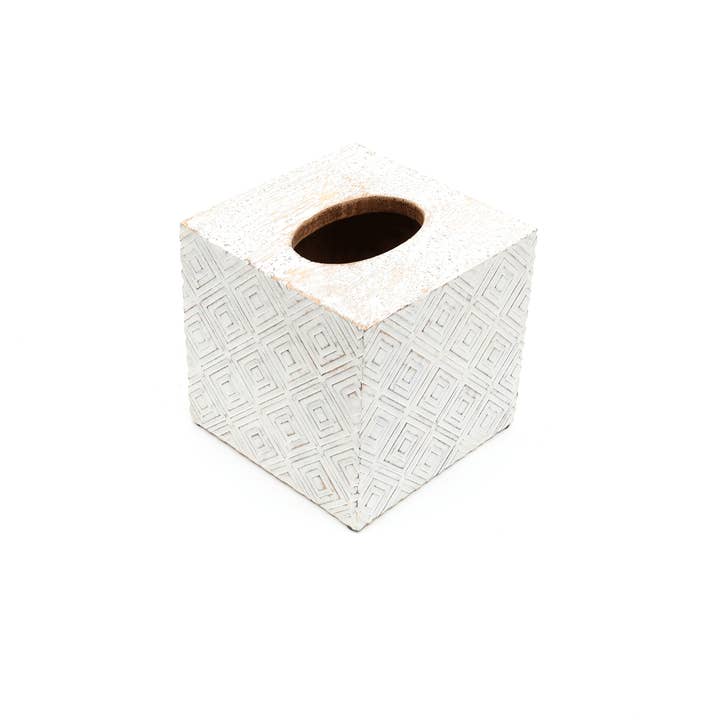 Ronald White Mango Wood Tissue Box Cover | Modern Decorative Facial Tissue Dispenser Holder for Home, Office, Bathroom