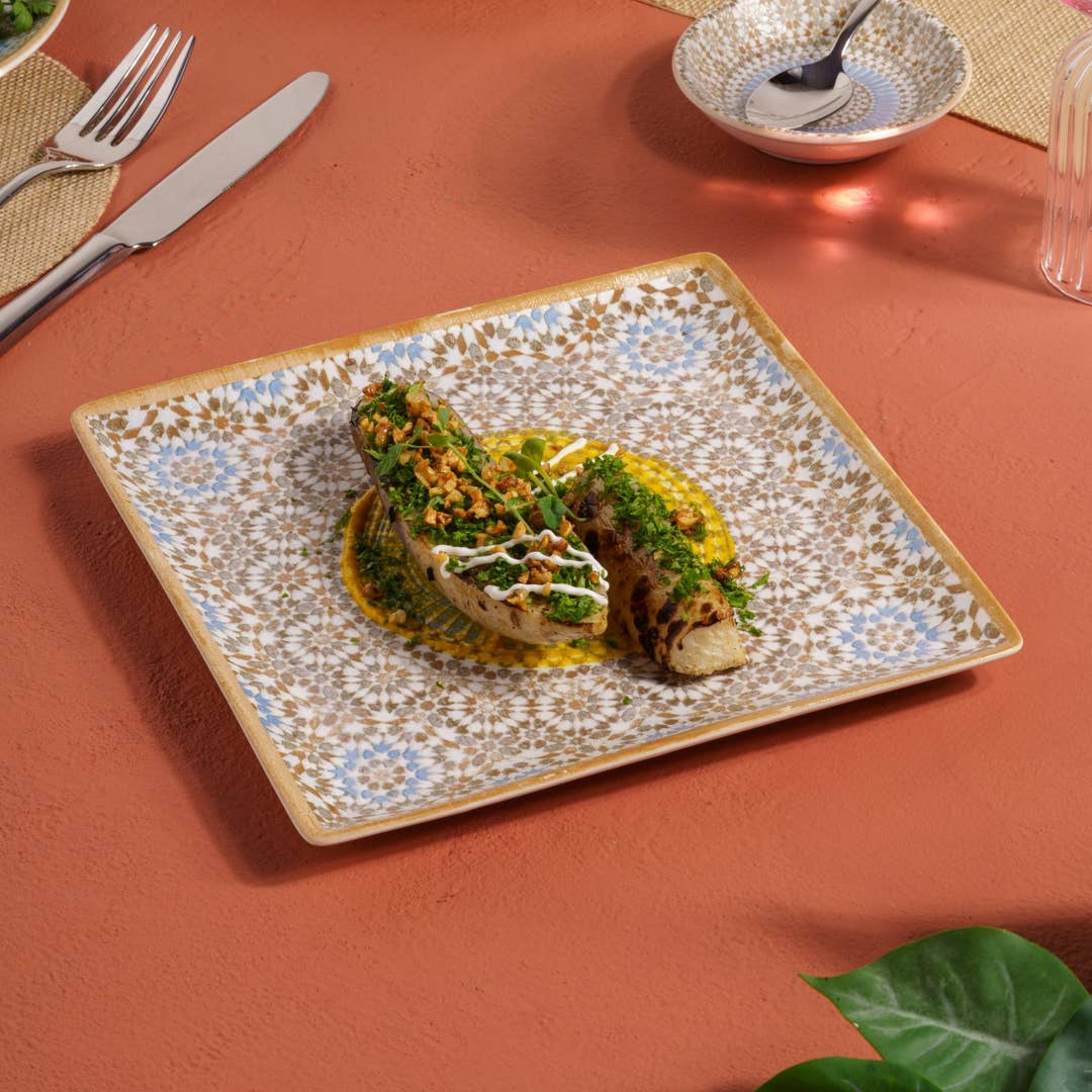 Cruise Tangier Juliet Square Porcelain Platter with Foot 27cm – Set of 6 | Moroccan Serving Platter | Professional Hospitality Tableware