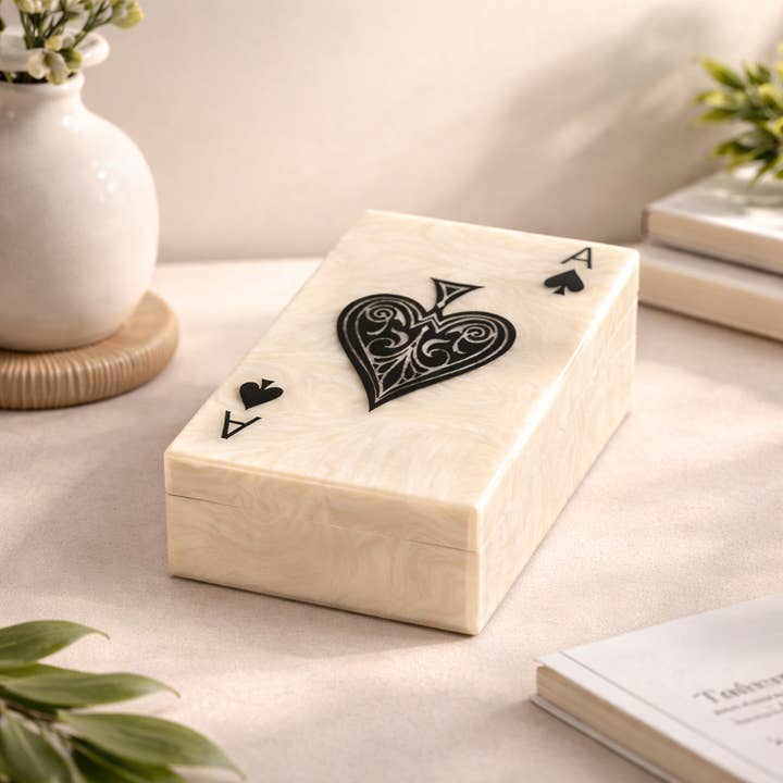 Pearl Spade Resin Playing Card Box – White & Black