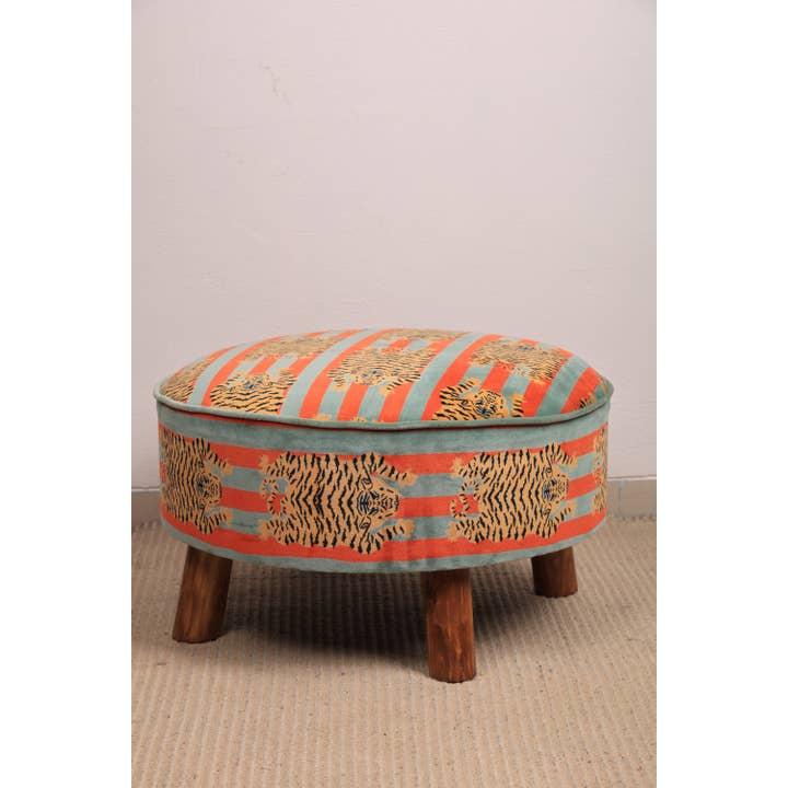 Cotton Round Footstool with Wooden Legs-Tiger Print- 60 cm